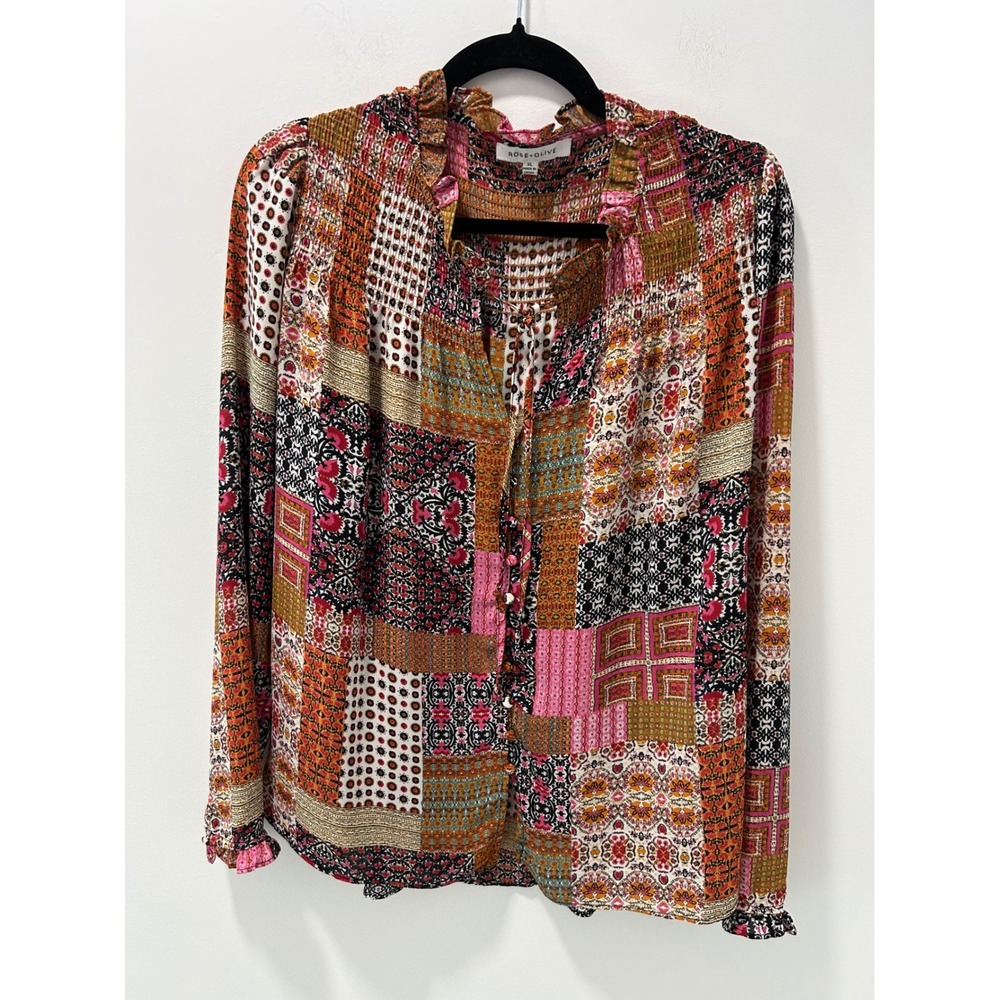 Rose + Olive Patchwork Print Smocked Ruffle Neck Blouse XL Multi Long Sleeve